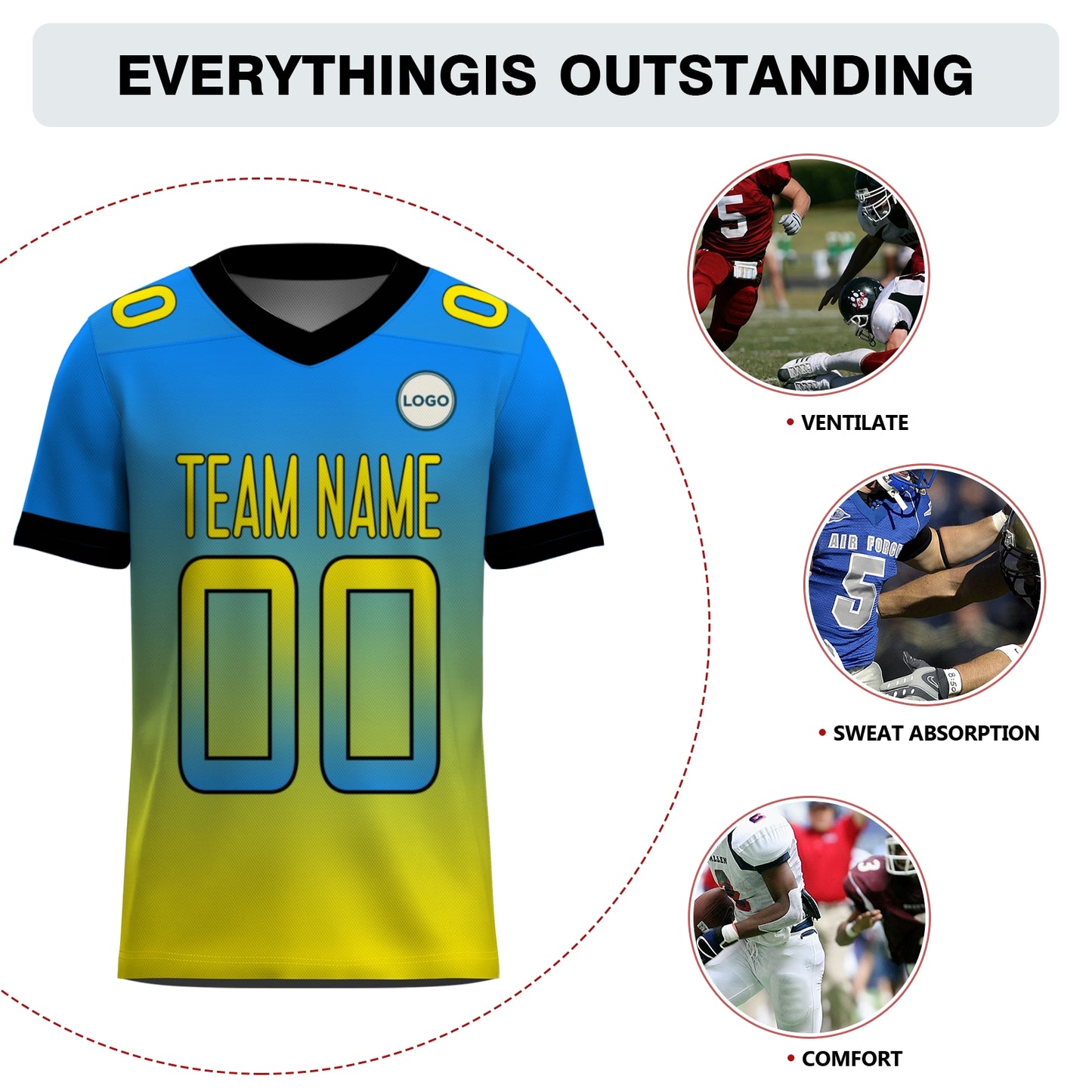 Custom Football Jersey - Personalized Blue to Yellow Fade Design - Full Sublimation Tank