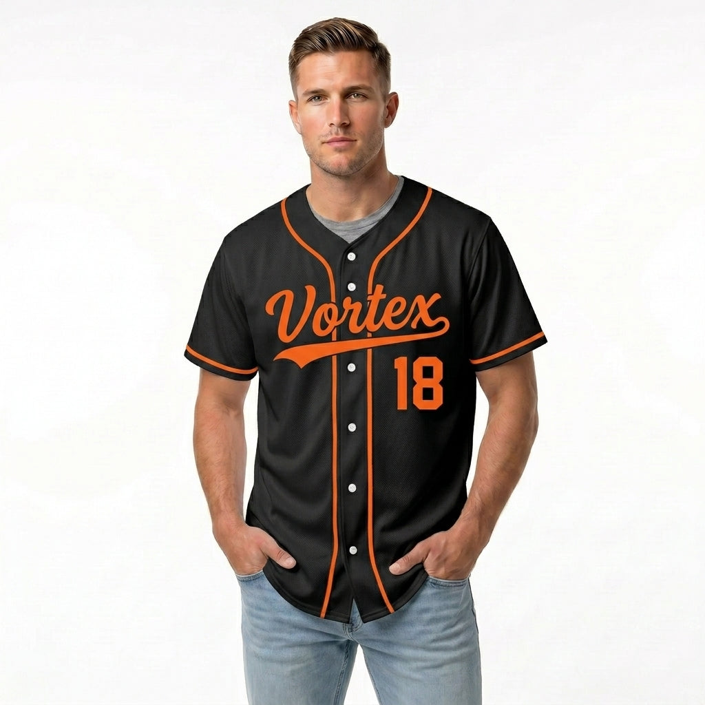 Custom Baseball Jersey - Personalized Black Shirt with Orange Piping - Full Sublimation