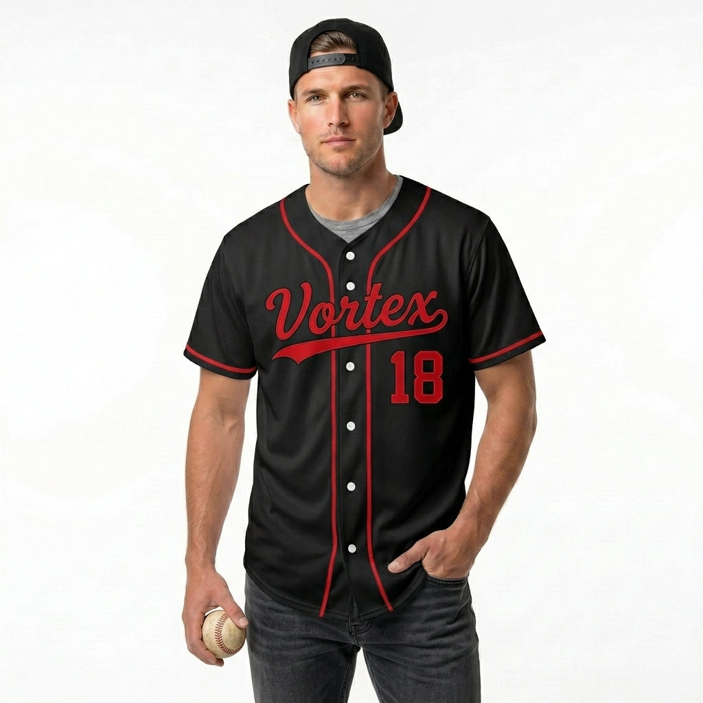Custom Baseball Jersey - Personalized Black Shirt with Red Piping - Full Sublimation