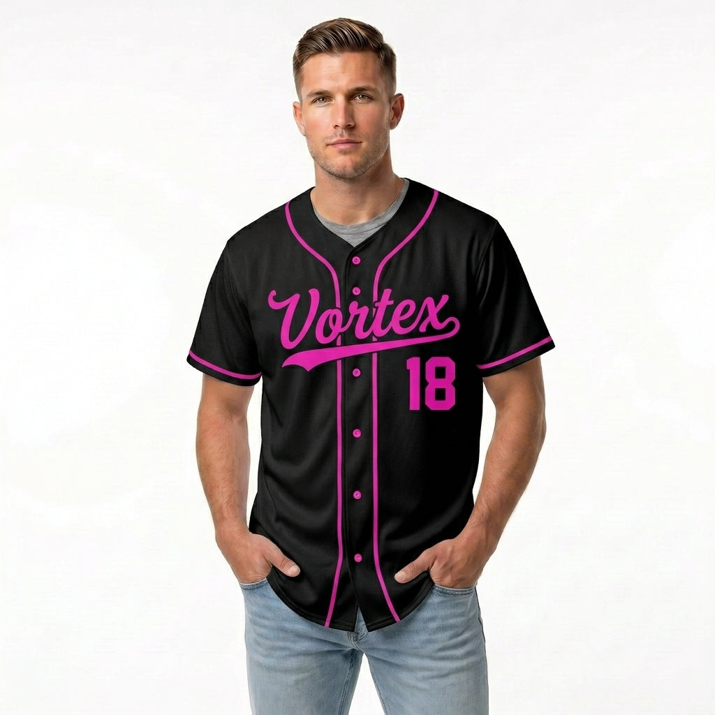 Custom Baseball Jersey - Personalized Black Shirt with Pink Piping - Full Sublimation