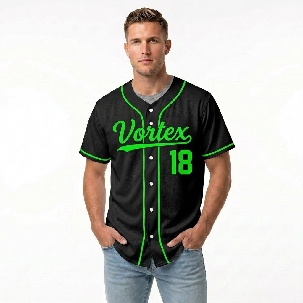 Custom Baseball Jersey - Personalized Black Shirt with Neon Green Piping - Full Sublimation