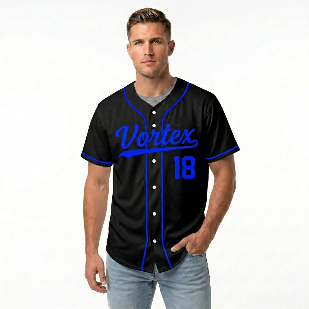 Custom Baseball Jersey - Personalized Black Shirt with Blue Piping - Full Sublimation