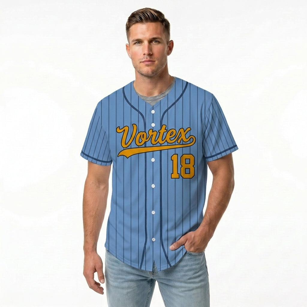 Custom Baseball Jersey - Light Blue Shirt with Pinstripes & Custom Orange Graphics