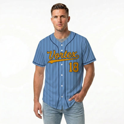 Custom Baseball Jersey - Light Blue Shirt with Pinstripes & Custom Orange Graphics
