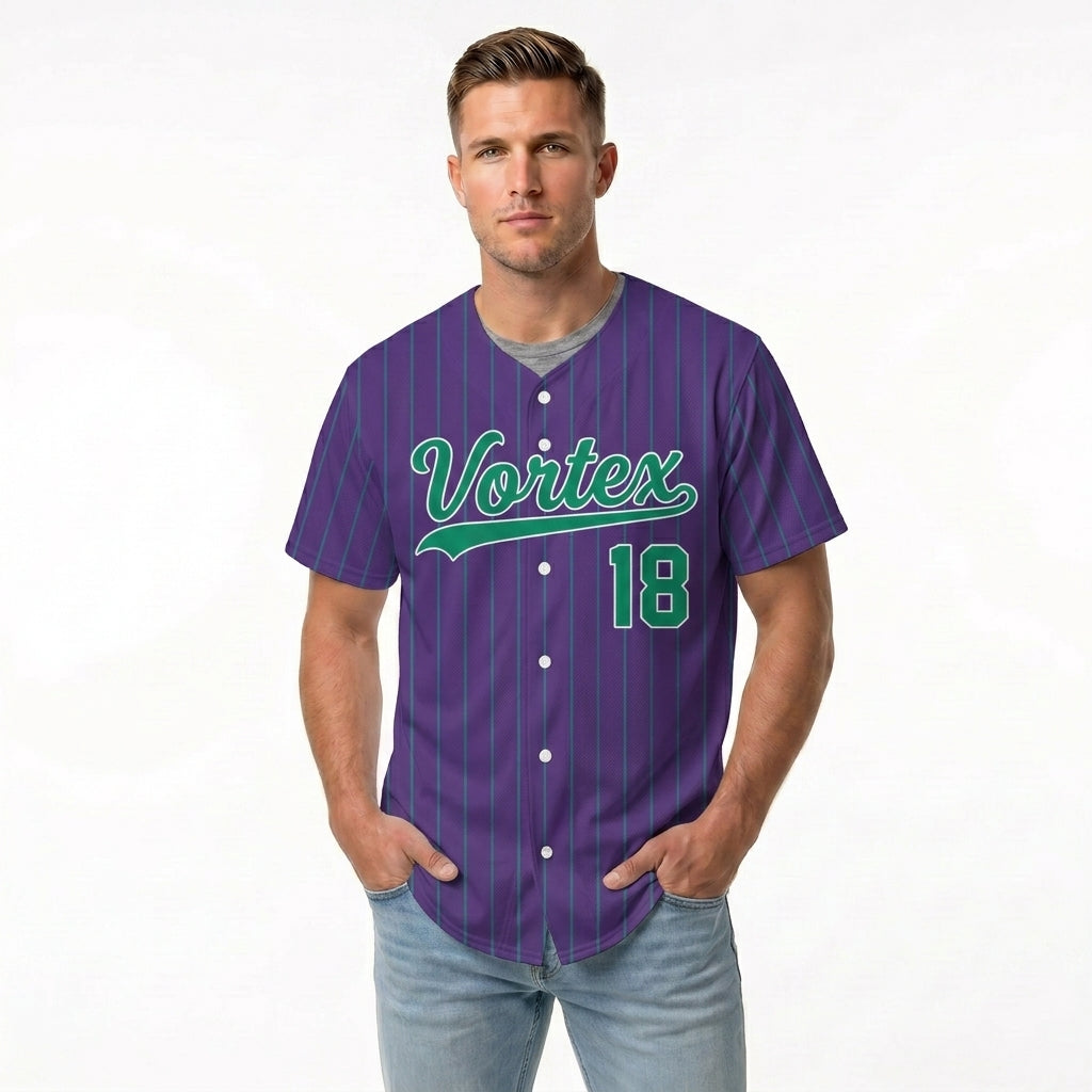 Custom Baseball Jersey - Personalized Purple Shirt with Pinstripes & Green Graphics