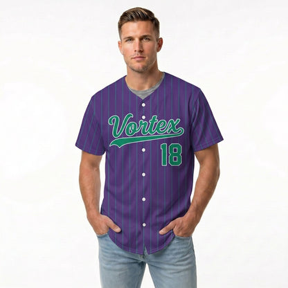 Custom Baseball Jersey - Personalized Purple Shirt with Pinstripes & Green Graphics