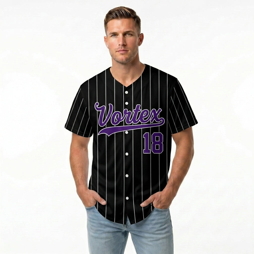 Custom Baseball Jersey - Personalized Black Shirt with Purple Pinstripes - Full Sublimation