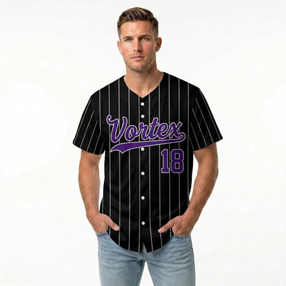 Custom Baseball Jersey - Personalized Black Shirt with Purple Pinstripes - Full Sublimation