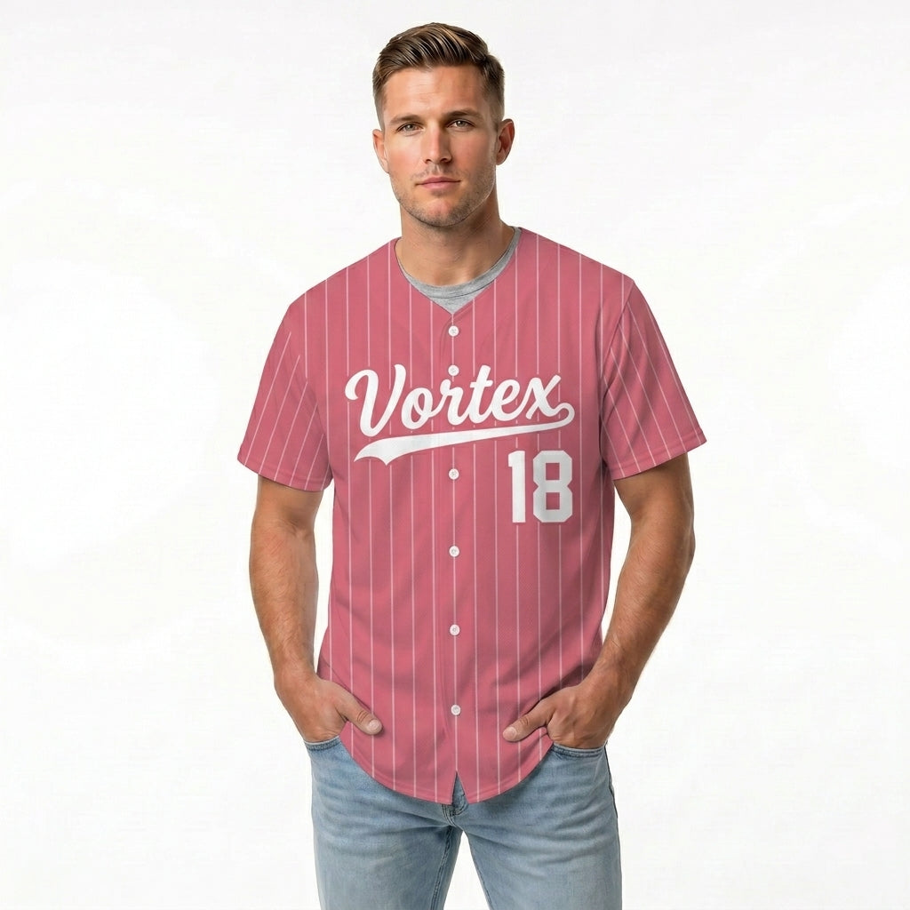 Custom Baseball Jersey - Personalized Rose Red Shirt with White Pinstripes - Full Sublimation