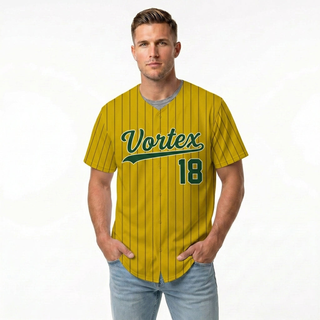 Custom Baseball Jersey - Personalized Gold Shirt with Pinstripes & Green Graphics