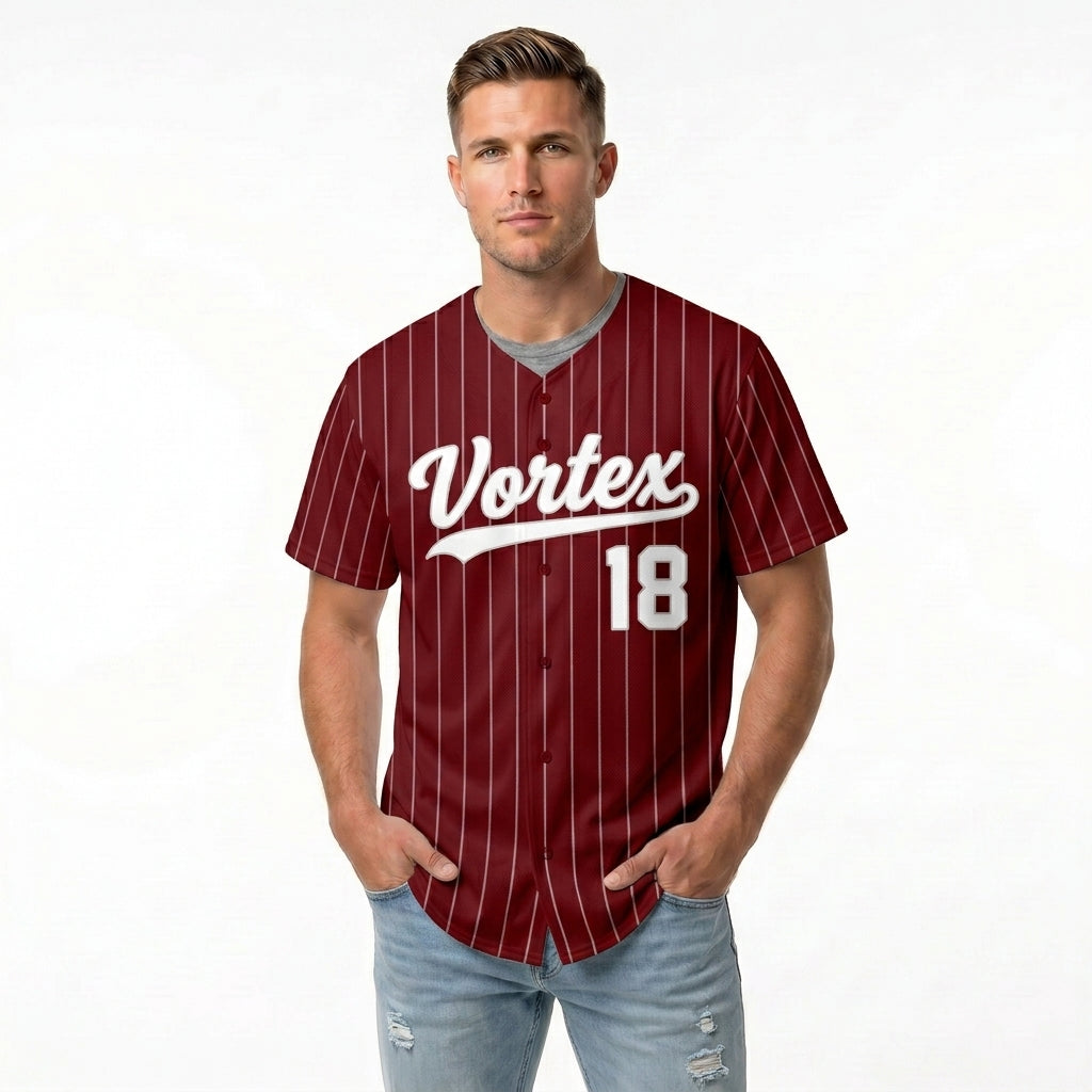 Custom Baseball Jersey - Personalized Deep Red Shirt with White Pinstripes - Full Sublimation