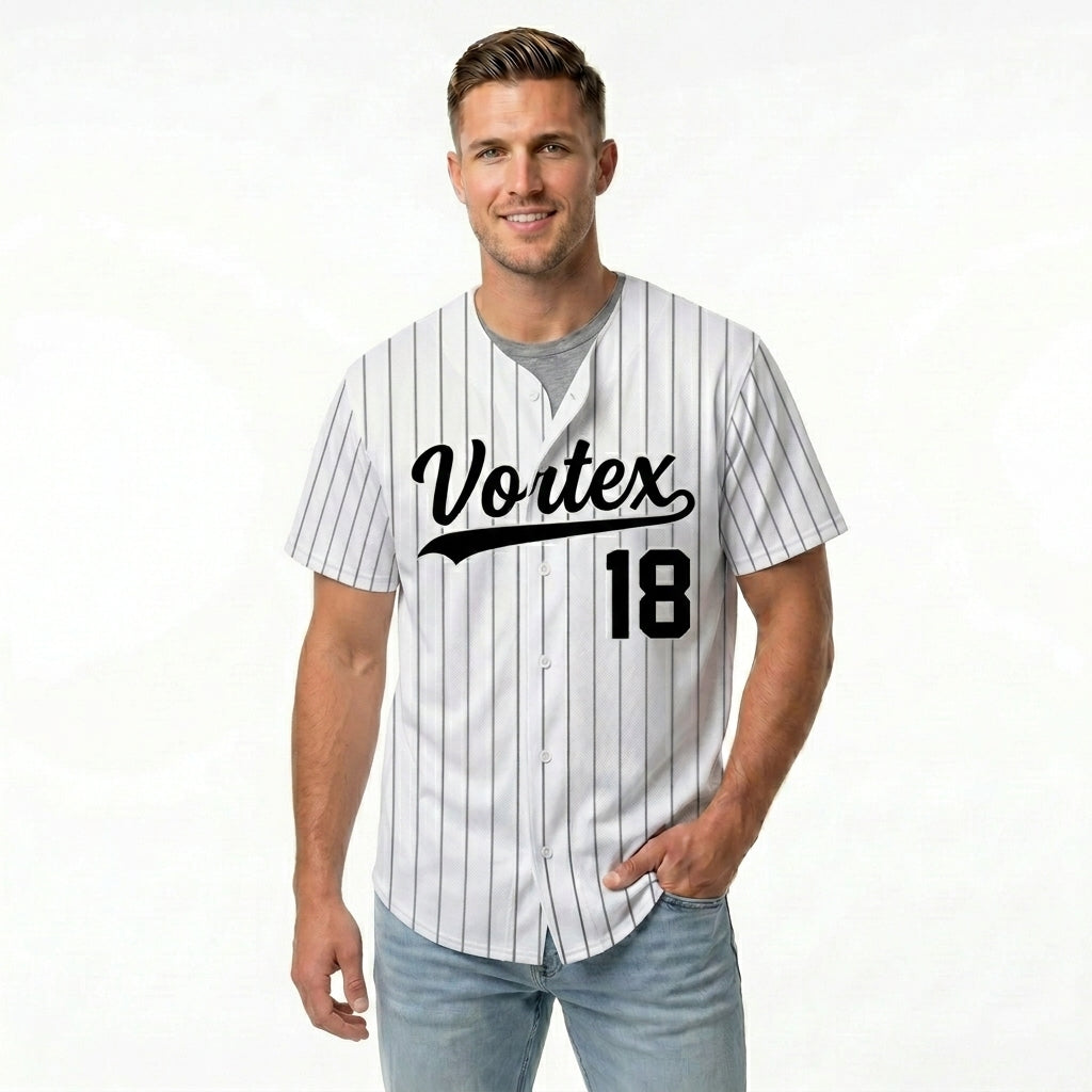 Custom Baseball Jersey - Personalized White Shirt with Black Pinstripes - Full Sublimation