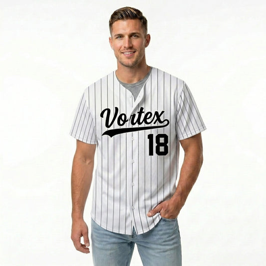 Custom Baseball Jersey - Personalized White Shirt with Black Pinstripes - Full Sublimation