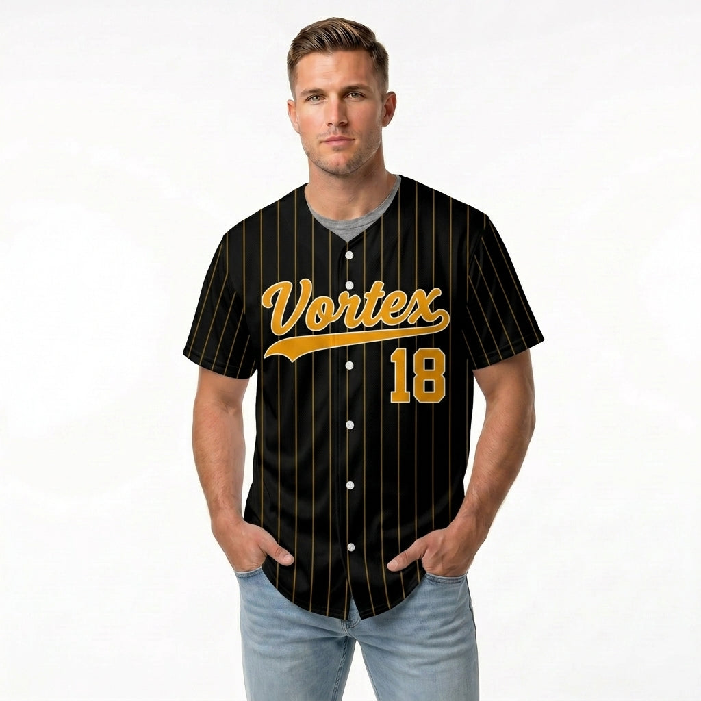 Custom Baseball Jersey - Personalized Black Shirt with Gold Pinstripes - Full Sublimation