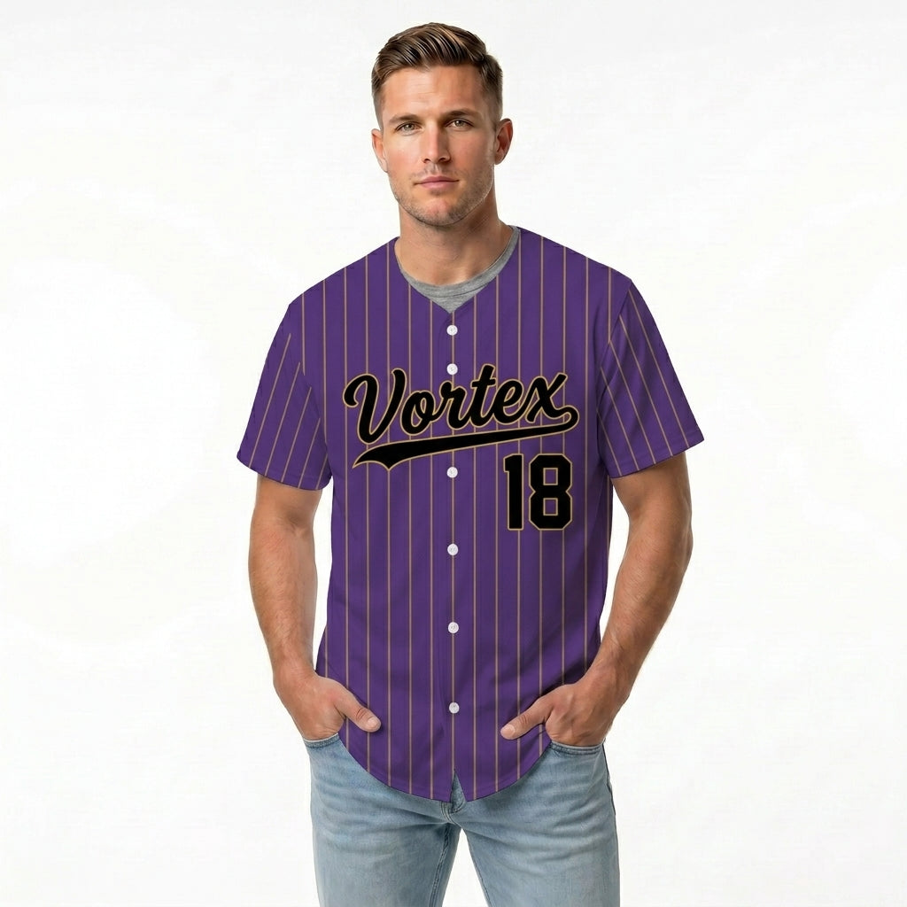 Custom Baseball Jersey - Personalized Purple Shirt with Gold Pinstripes - Full Sublimation