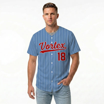 Custom Baseball Jersey - Personalized Powder Blue Shirt with White Pinstripes & Red Graphics
