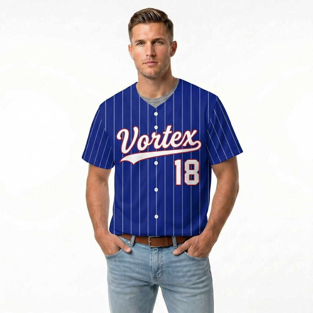 Custom Baseball Jersey - Personalized Royal Blue Shirt with White Pinstripes - Full Sublimation