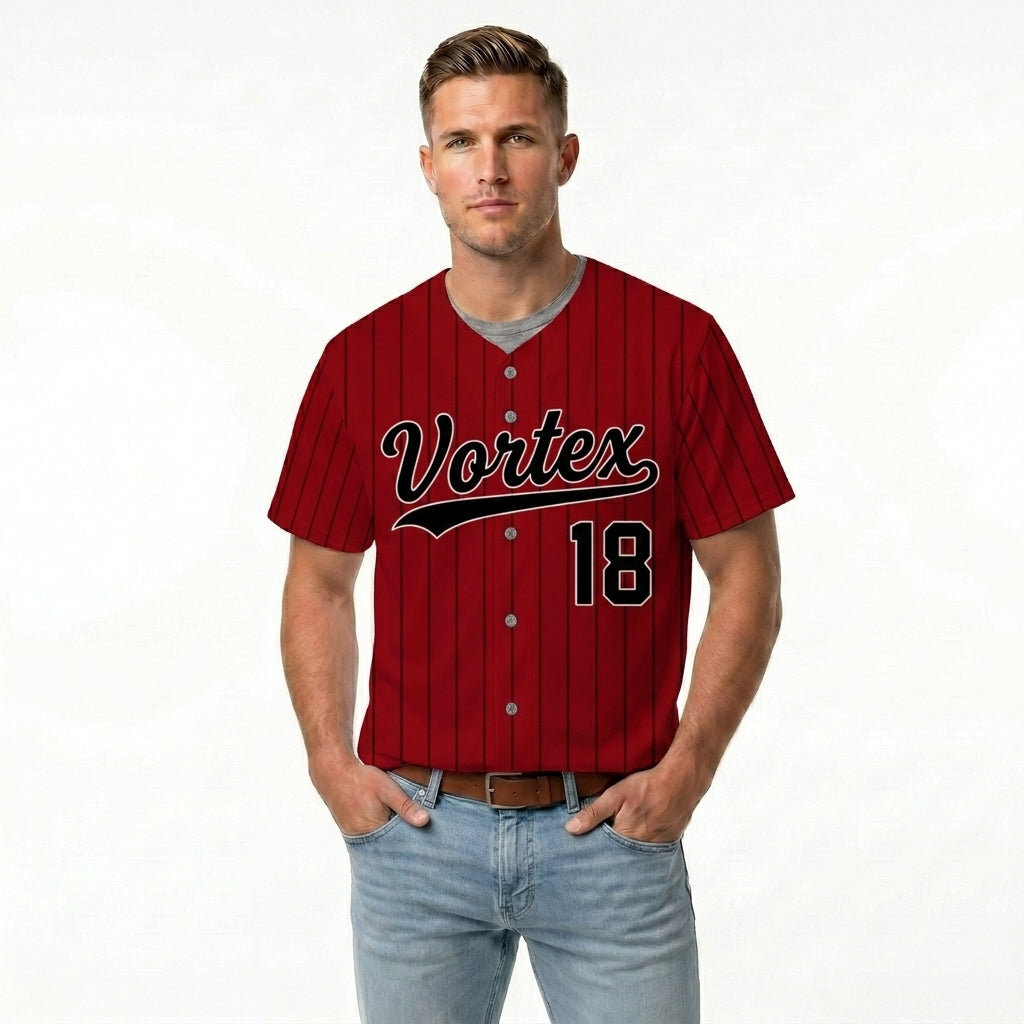 Custom Baseball Jersey - Personalized Maroon Shirt with Pinstripes & Black Graphics