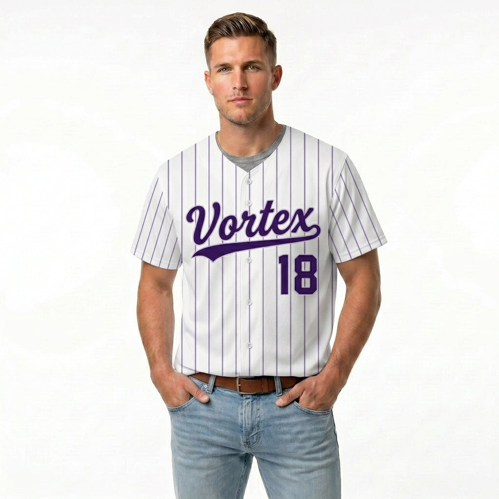 Custom Baseball Jersey - Personalized White Shirt with Purple Pinstripes - Full Sublimation