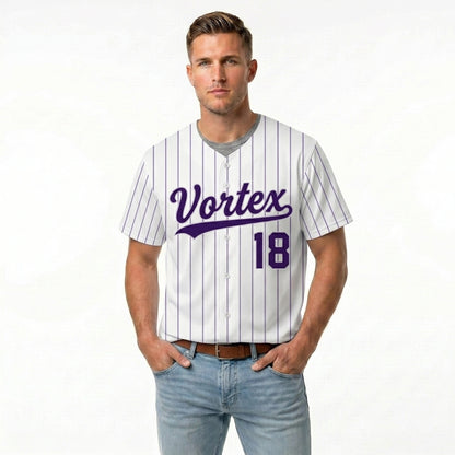 Custom Baseball Jersey - Personalized White Shirt with Purple Pinstripes - Full Sublimation