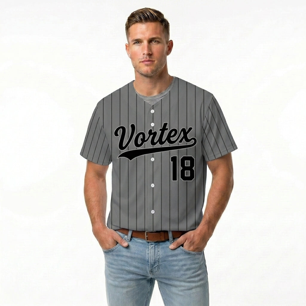 Custom Baseball Jersey - Personalized Grey Shirt with Dark Pinstripes - Full Sublimation