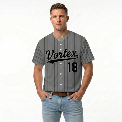 Custom Baseball Jersey - Personalized Grey Shirt with Dark Pinstripes - Full Sublimation