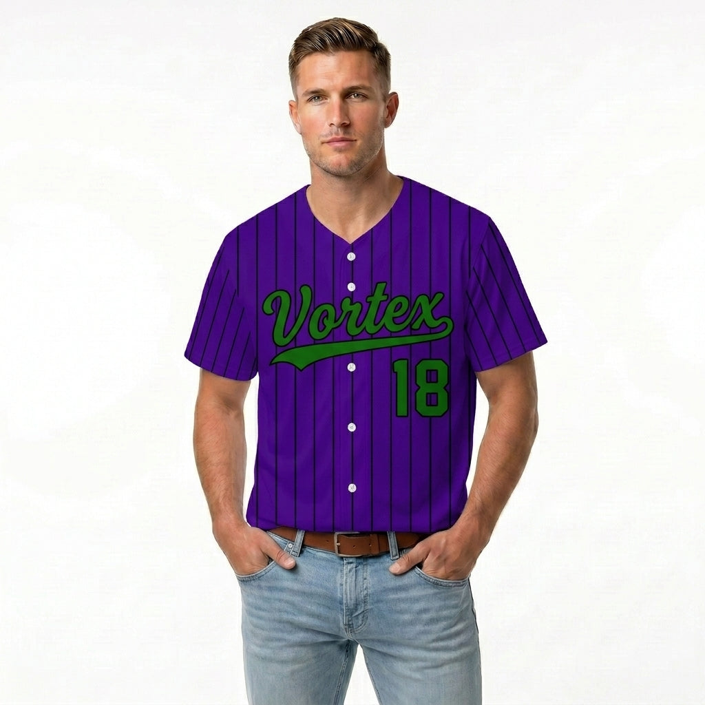Custom Baseball Jersey - Personalized Purple Shirt with Pinstripes & Green Graphics - Full Sublimation