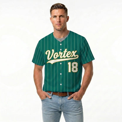 Custom Baseball Jersey - Personalized Green Shirt with Pinstripes & Gold Details - Full Sublimation