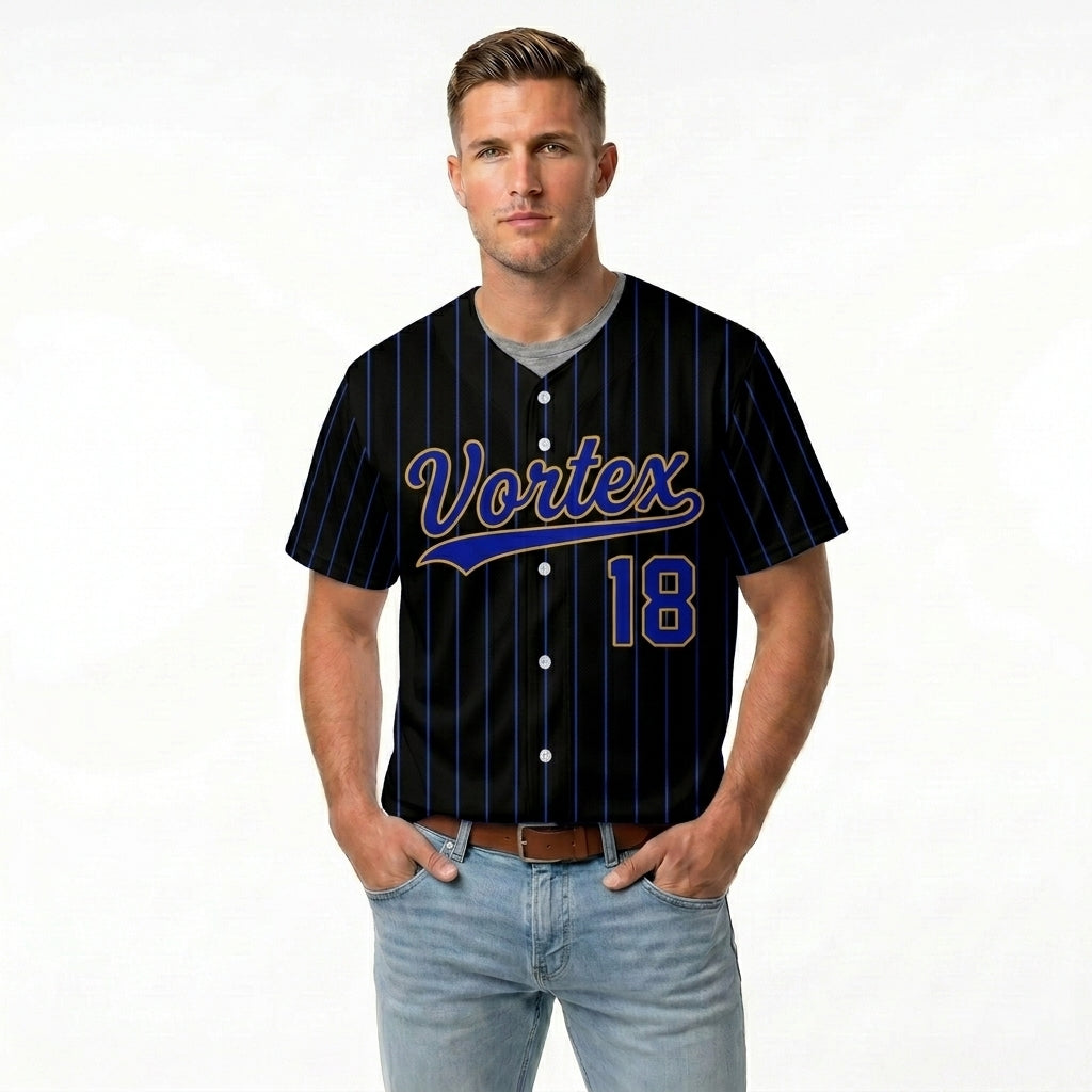 Custom Baseball Jersey - Personalized Black Shirt with Blue Pinstripes & Gold Details - Full Sublimation