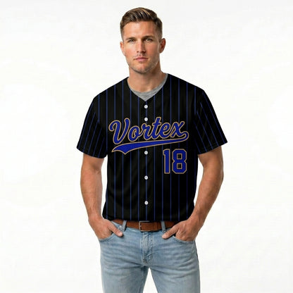 Custom Baseball Jersey - Personalized Black Shirt with Blue Pinstripes & Gold Details - Full Sublimation
