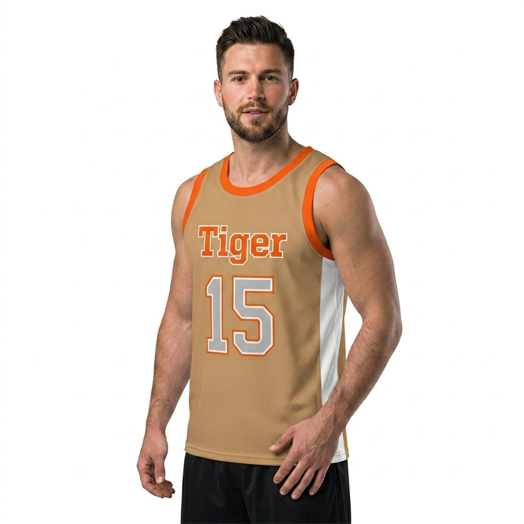 Custom Basketball Jersey - Personalized Tan Tank Top with Orange Trim - Full Sublimation