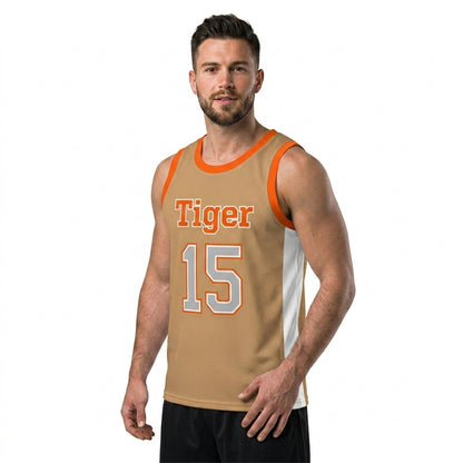 Custom Basketball Jersey - Personalized Tan Tank Top with Orange Trim - Full Sublimation