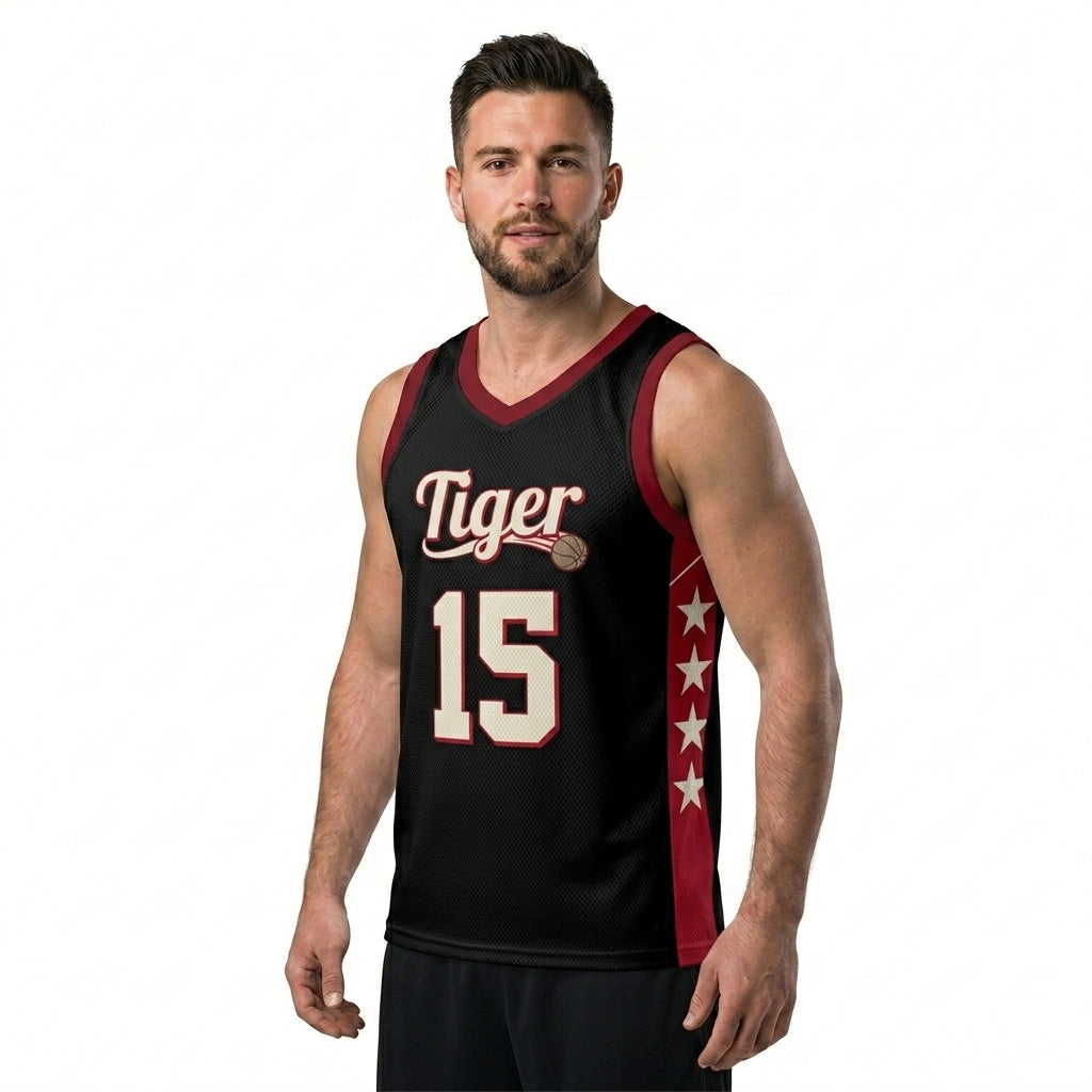 Custom Basketball Jersey - Personalized Black Tank Top with Red Trim & Star Details - Full Sublimation