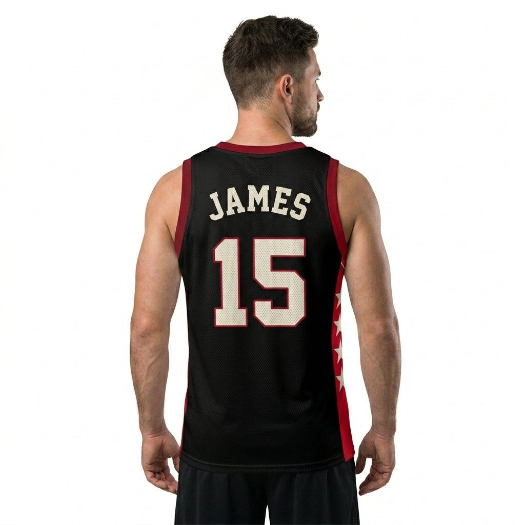 Custom Basketball Jersey - Personalized Black Tank Top with Red Trim & Star Details - Full Sublimation
