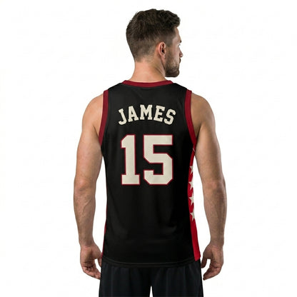 Custom Basketball Jersey - Personalized Black Tank Top with Red Trim & Star Details - Full Sublimation
