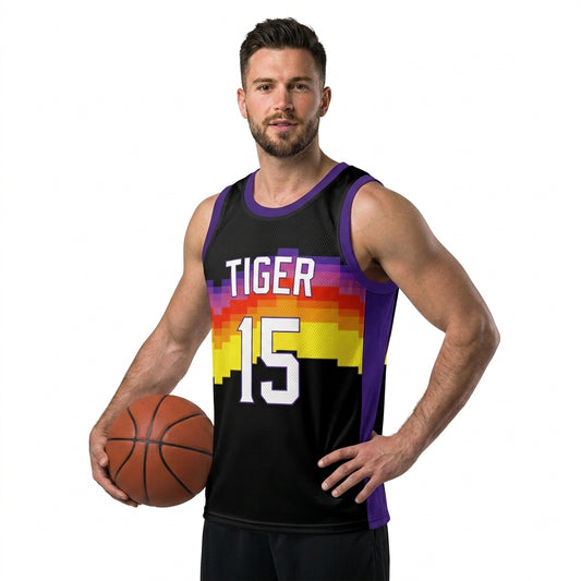 Custom Basketball Jersey - Personalized Pixel Art Sunset Design - Full Sublimation Tank Top