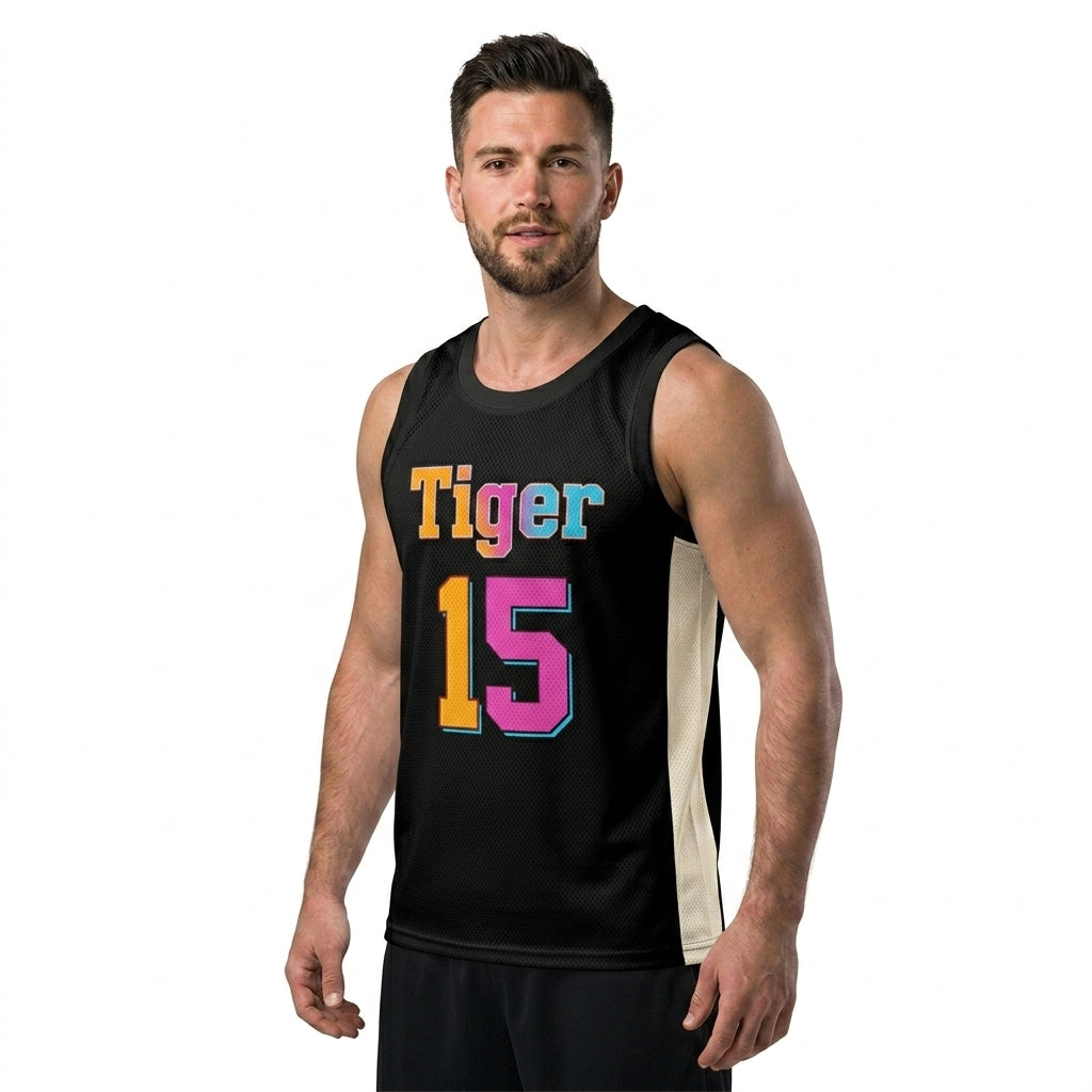 Custom Basketball Jersey - Personalized Black Tank Top with Orange & Pink Graphic - Full Sublimation