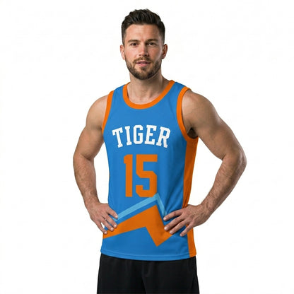 Custom Basketball Jersey - Personalized Blue Tank Top with Orange Bolt Graphic - Full Sublimation