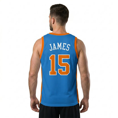 Custom Basketball Jersey - Personalized Blue Tank Top with Orange Bolt Graphic - Full Sublimation