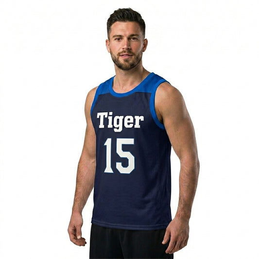 Custom Basketball Jersey - Personalized Navy Tank Top with Shoulder Panel Design - Full Sublimation