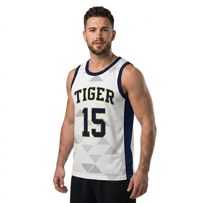 Custom Basketball Jersey - Personalized White Tank Top with Geometric Triangle Pattern - Full Sublimation
