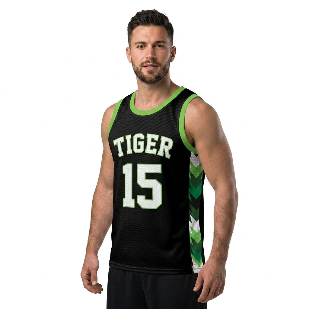 Custom Basketball Jersey - Personalized Black Tank Top with Green Chevron Design - Full Sublimation