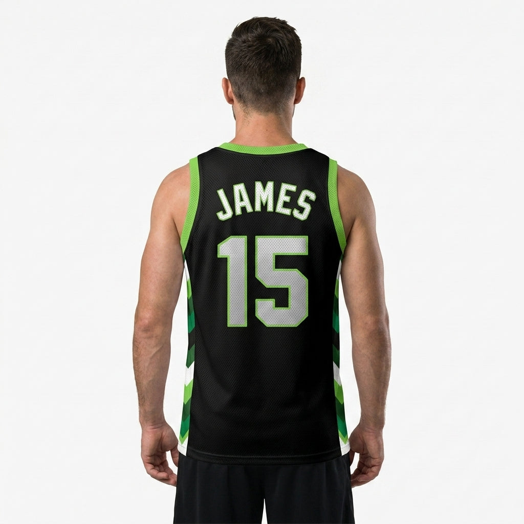 Custom Basketball Jersey - Personalized Black Tank Top with Green Chevron Design - Full Sublimation