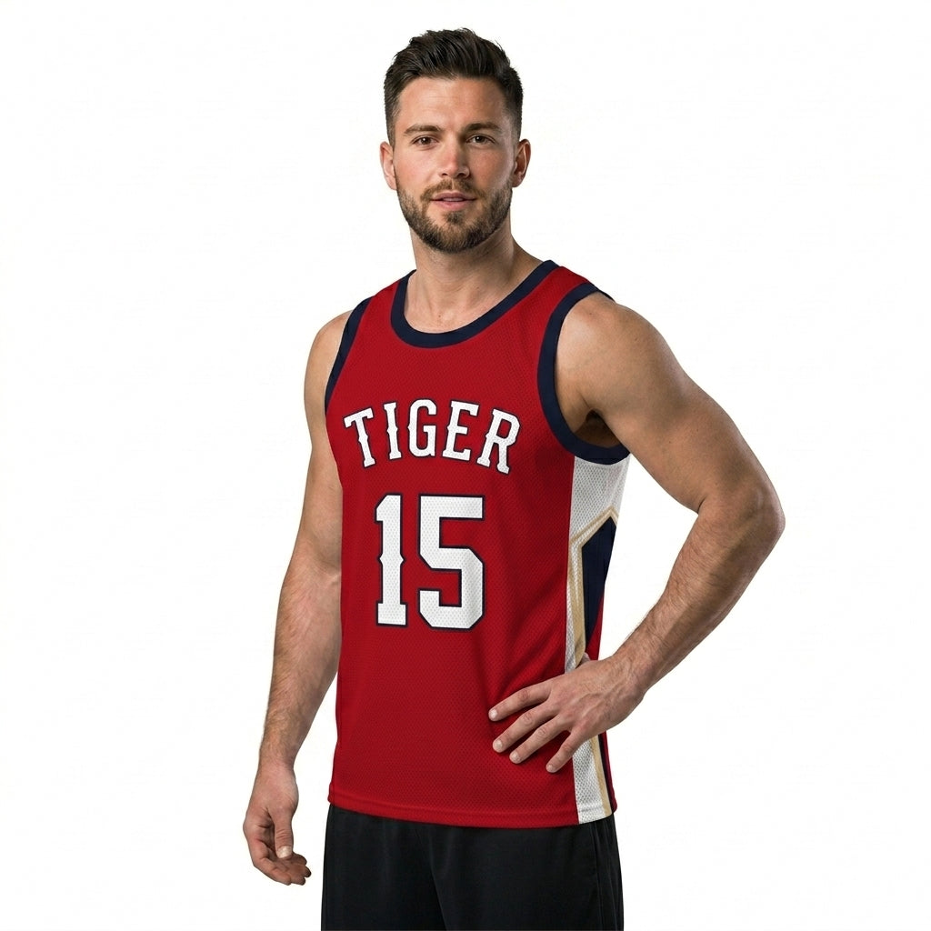 Custom Basketball Jersey - Personalized Red Tank Top with Navy & Gold Trim - Full Sublimation