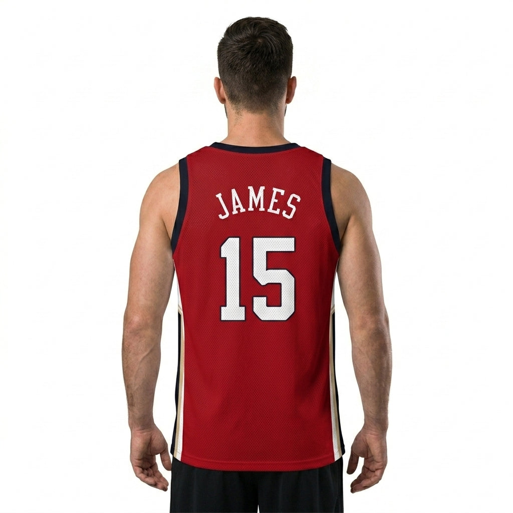 Custom Basketball Jersey - Personalized Red Tank Top with Navy & Gold Trim - Full Sublimation