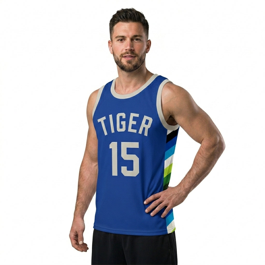 Custom Basketball Jersey - Personalized Black Tank Top with White Geometric Side Panels - Full Sublimation