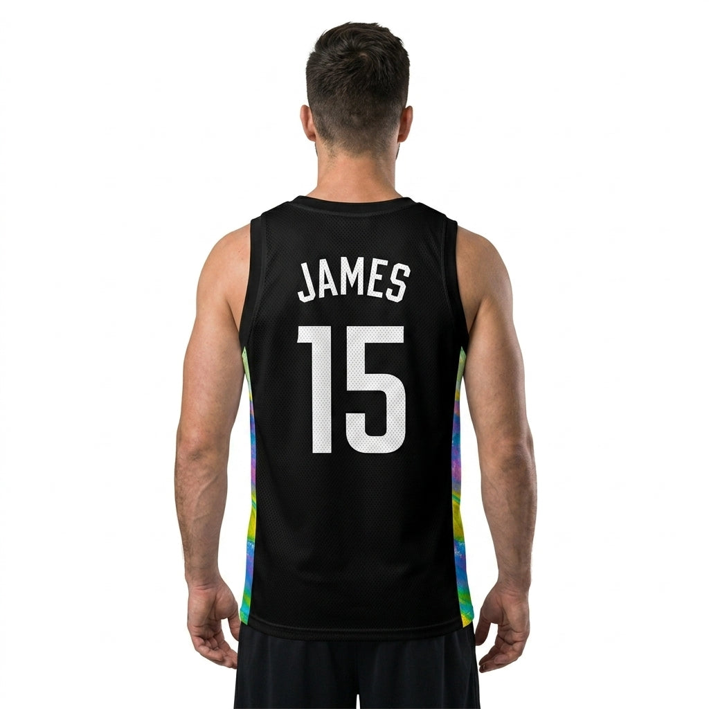 Custom Blue Basketball Jersey - Multi-Stripe Side Panel Design - Professional Team Uniform