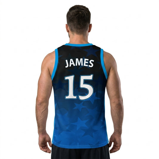 Custom Basketball Jersey - Personalized Blue Gradient Tank Top with Star Print - Full Sublimation
