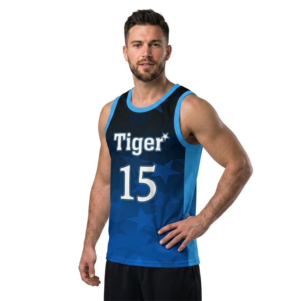 Custom Basketball Jersey - Personalized Blue Gradient Tank Top with Star Print - Full Sublimation