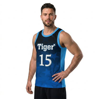 Custom Basketball Jersey - Personalized Blue Gradient Tank Top with Star Print - Full Sublimation